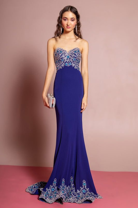Red Royal Blue Lace Embellished Strapless Floor Length Dress