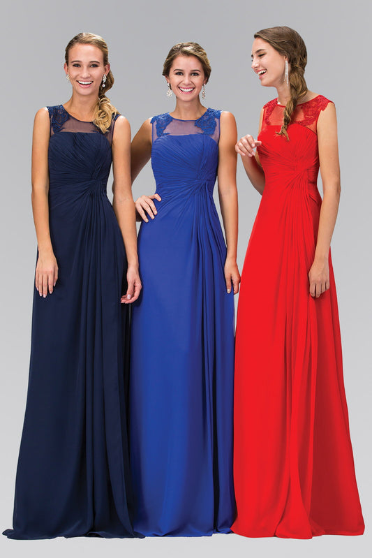 Black Navy Red Royal Blue Ruched Floor Length Dress With Illusion Neckline And Sheer Back
