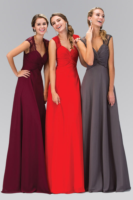 Black Charcoal Navy Red Empire Waist Long Dress With Ruched Bodice And Lace Back