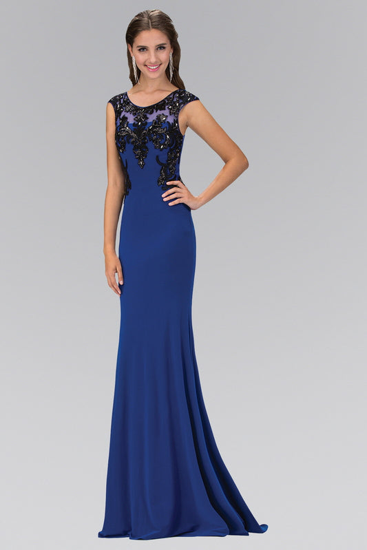 Red Royal Blue Sequin And Lace Embellished Cap Sleeve Long Dress