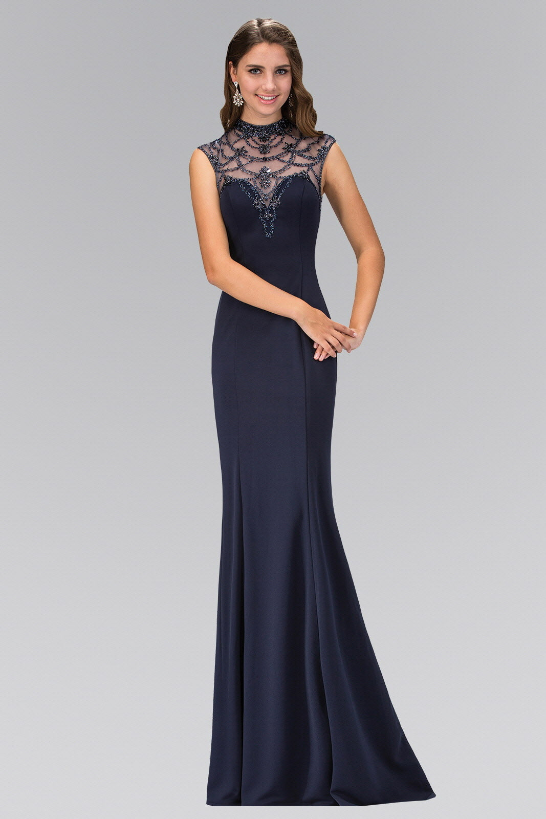 Navy High Neck Navy Long Jersey Dress With Bead Detailing