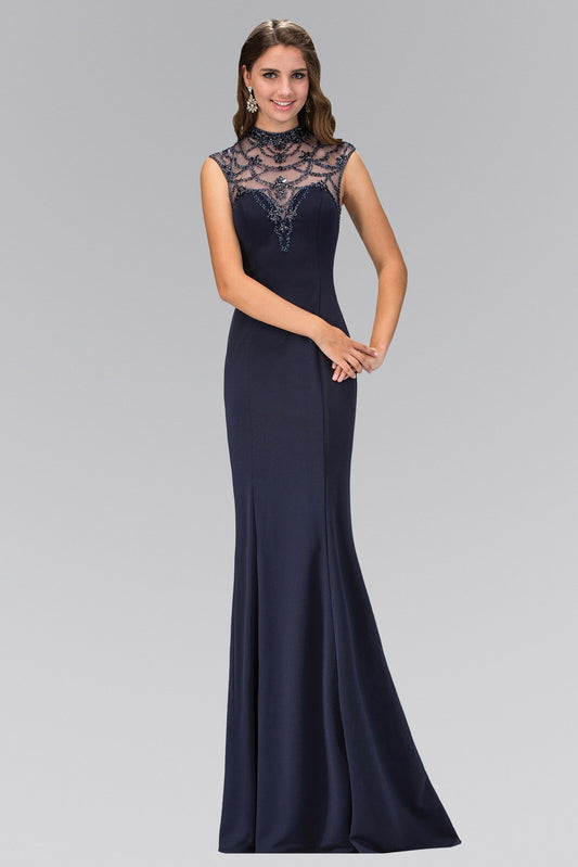 Navy High Neck Navy Long Jersey Dress With Bead Detailing