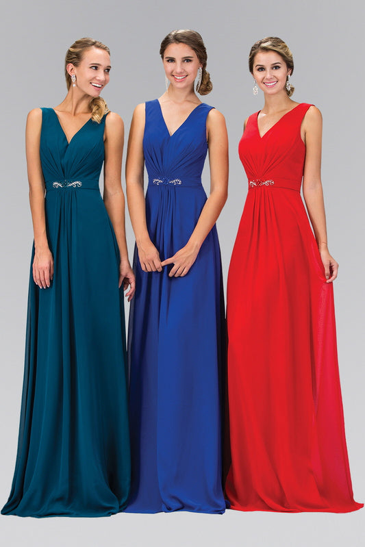 Charcoal Red Royal Blue Teal White V Neck Chiffon Long Dress Accented With Jewel On Waist