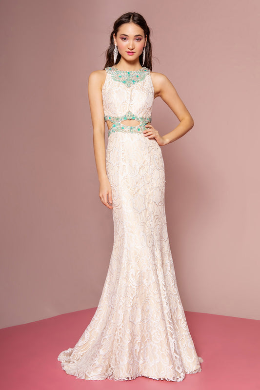 Ivory Nude Long Ivory Lace Dress Accented With Bluish Jewel And Cut Outs