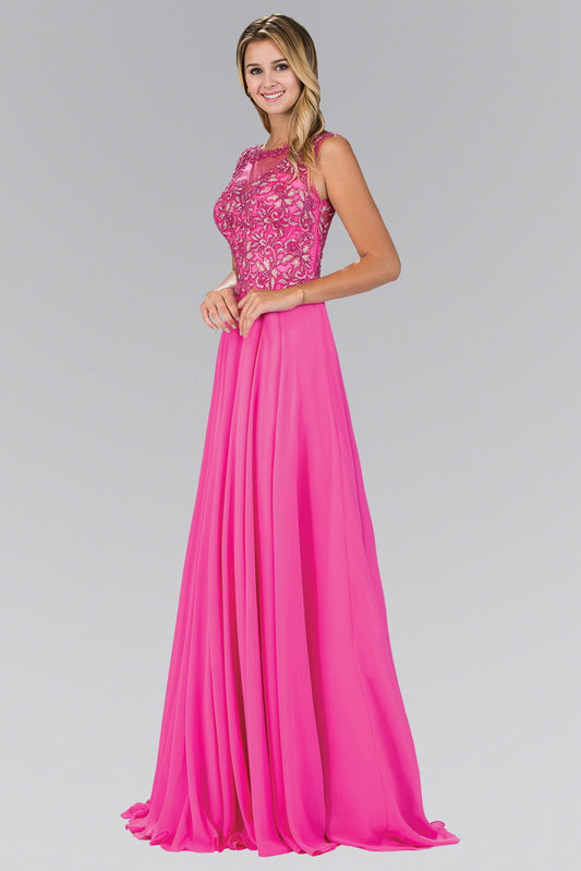 Aqua Hot Pink Bead Embellished Chiffon Floor Length Dress