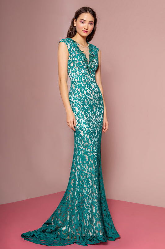 Navy Nude Teal Nude Lace Floor Length Dress With Beaded V Neck And Sheer Back