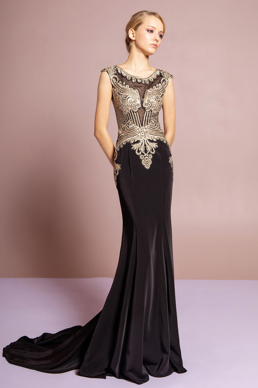 Black Burgundy Champagne Dusty Rose Green Royal Blue Jewel Embellisehd Embroidery Jersey Long Dress With Sheer Back