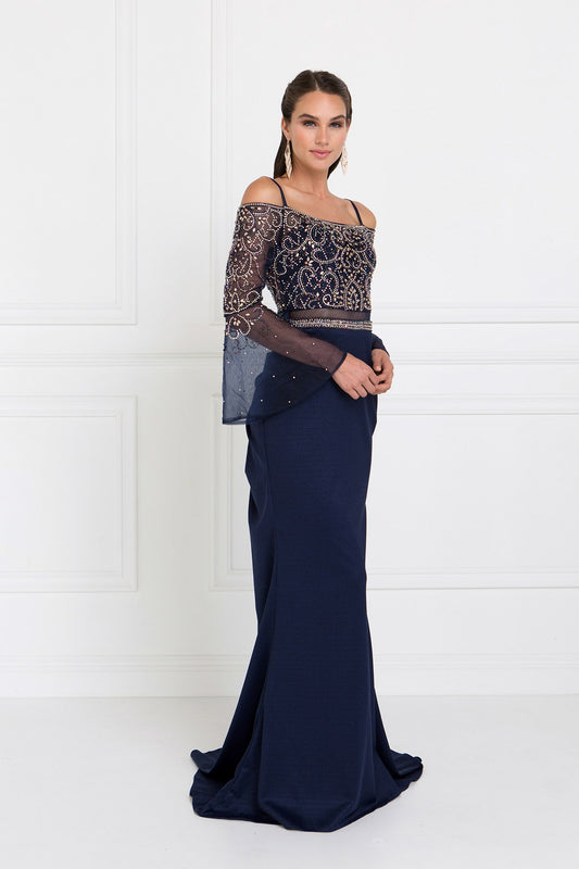 Burgundy Navy Rome Jersey Mock Two Piece Mermaid Long Dress With Bell Sleeves