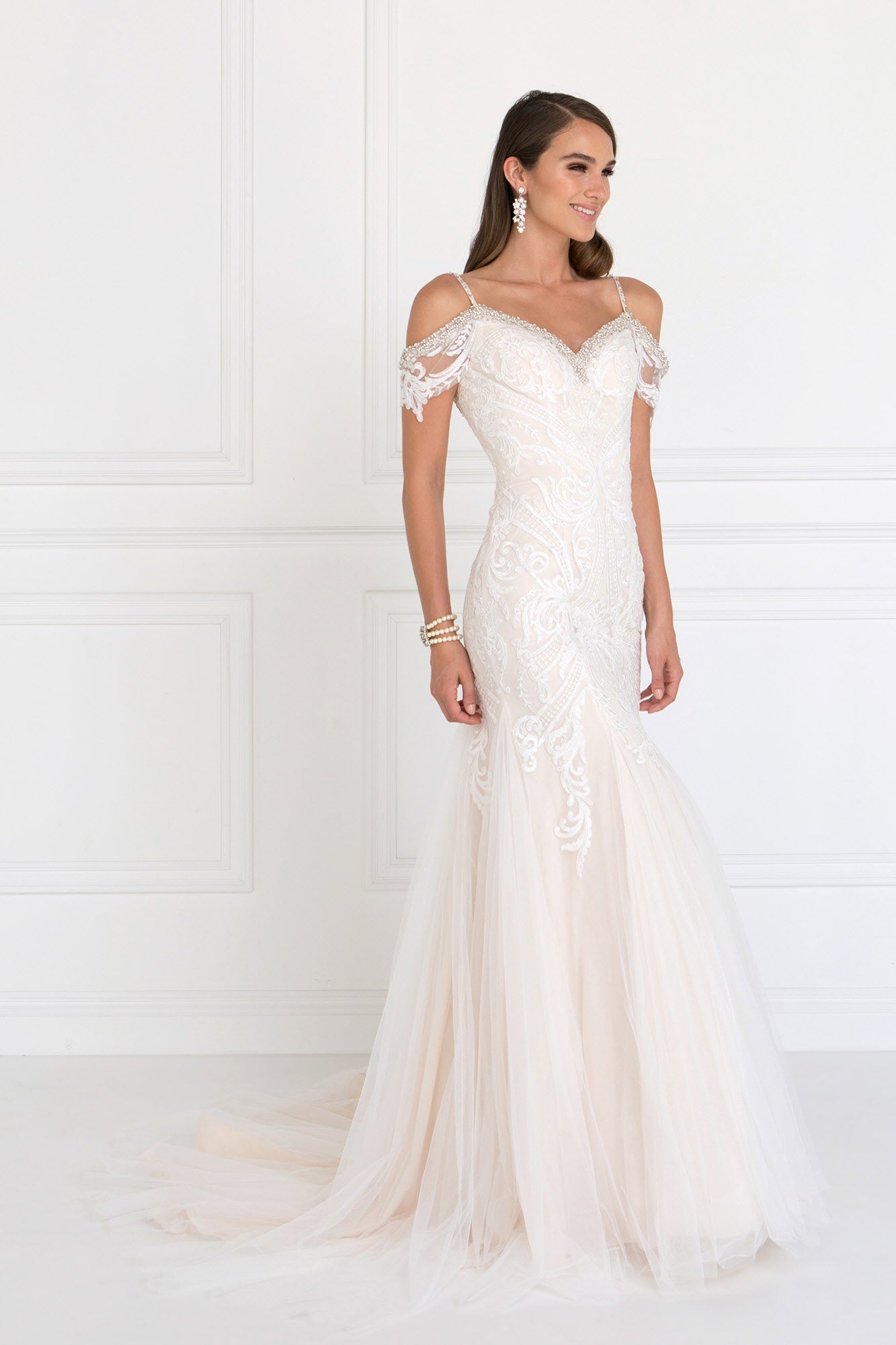 Ivory Champagne Tulle Off Shoulder Sweetheart Mermaid Long Dress With Lace Applique