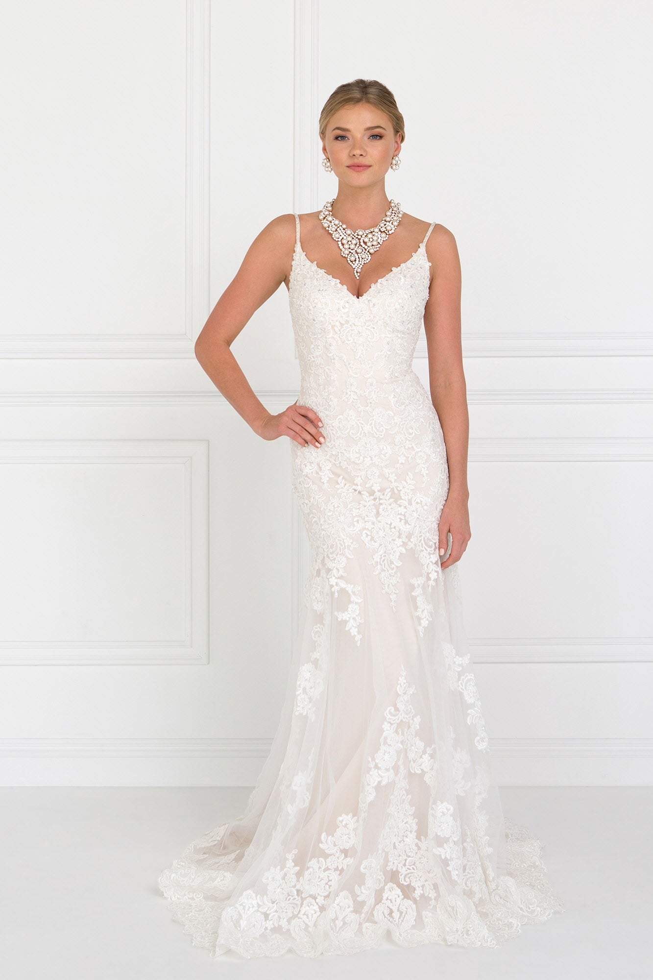 Ivory Champagne Lace V Neck A Line Long Dress With Lace Applique
