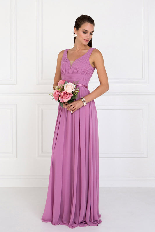 Dusty Rose Coral Silver Rose Pink Chiffon Wide V Neck A Line Long Dress