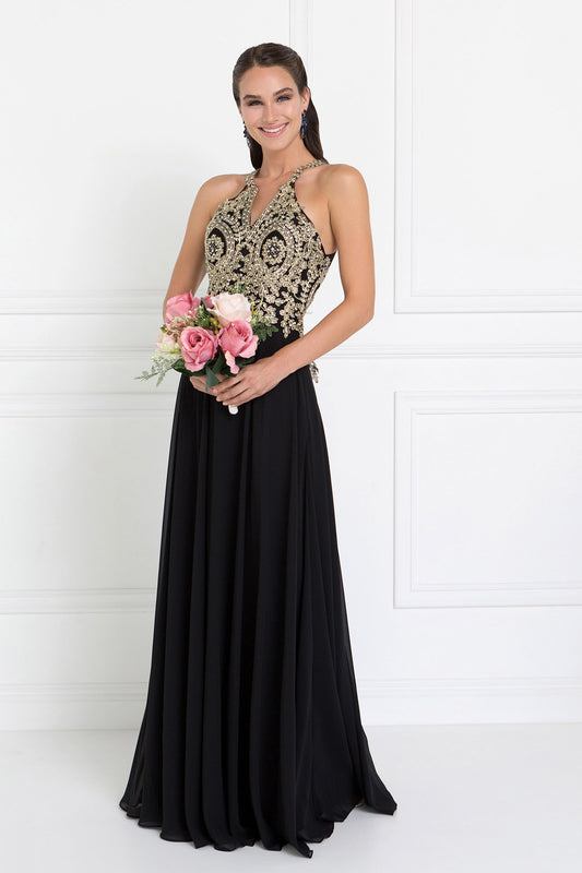Black Burgundy Champagne Blush Chiffon Deep V Back A Line Long Dress Accented With Embroidery