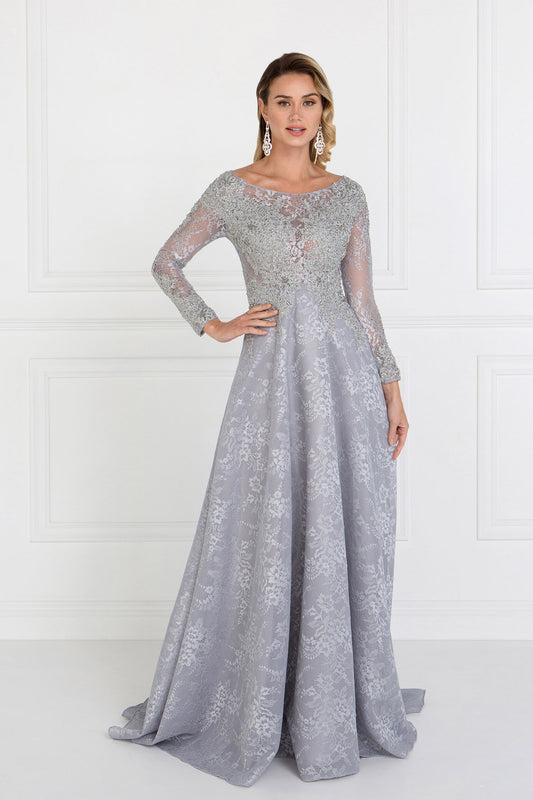 Silver Lace A Line Long Dress With Long Sleeves