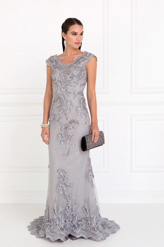 Mauve Silver Lace Mermaid Long Dress With Embroidered V Back