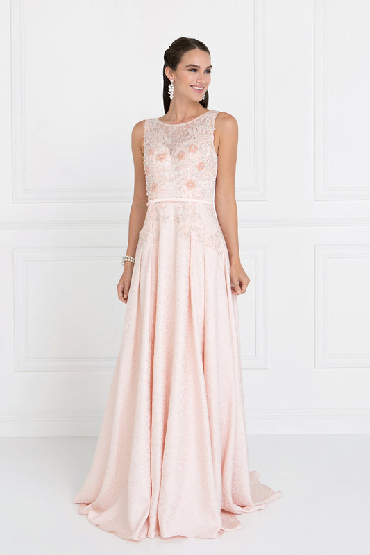 Blush Jacquard Illusion Sweetheart A Line Long Dress