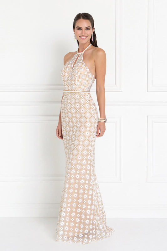 Champagne Navy Silver Tulle Halter Mermaid Long Dress With Jewels Embellished