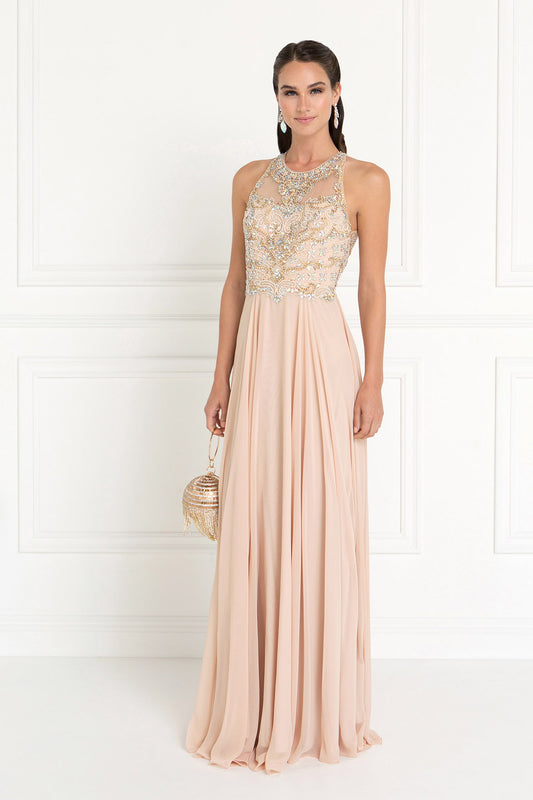 Burgundy Champagne Chiffon A Line Long Dress With Beads And Jewels Embellished