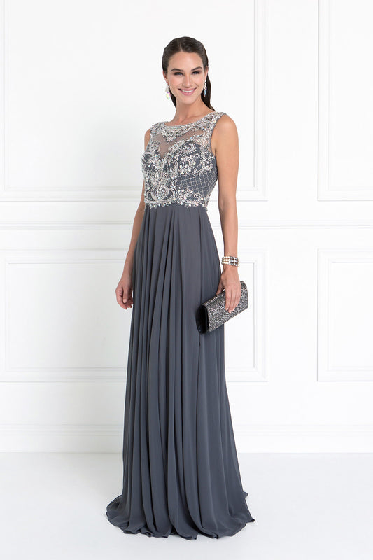 Charcoal Champagne Chiffon Illusion Sweetheart A Line Long Dress With Cut Out Back