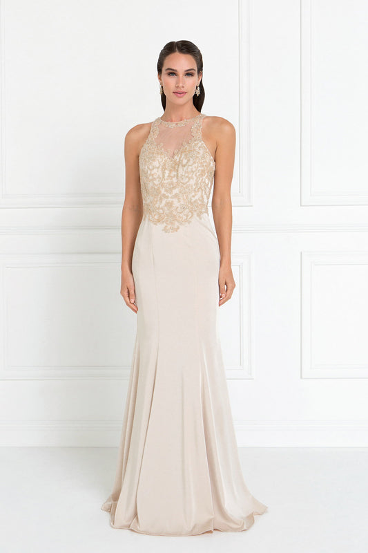 Champagne Navy Charmeuse Mermaid Long Dress With Beads And Sequin Embellished