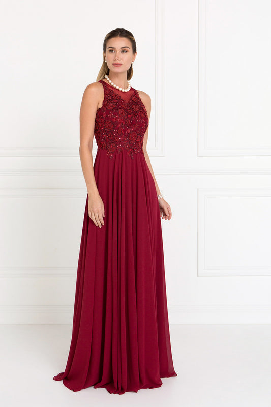 Burgundy Teal Chiffon A Line Long Dress With Embroidery And Jewels Embellished