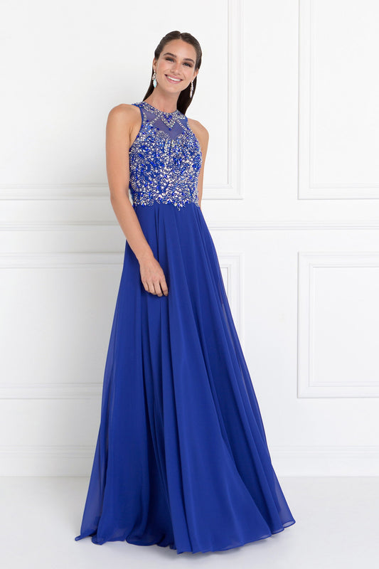 Blush Royal Blue Chiffon Illusion Sweetheart A Line Long Dress With Rhinestones