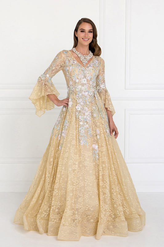 Blush Champagne Lace V Neck A Line Long Dress With Embroidery And Short Sleeves