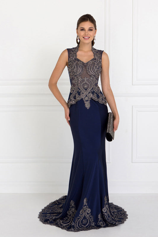 Burgundy Dusty Rose Navy Rome Jersey Mermaid Long Dress With Metallic Embroidery