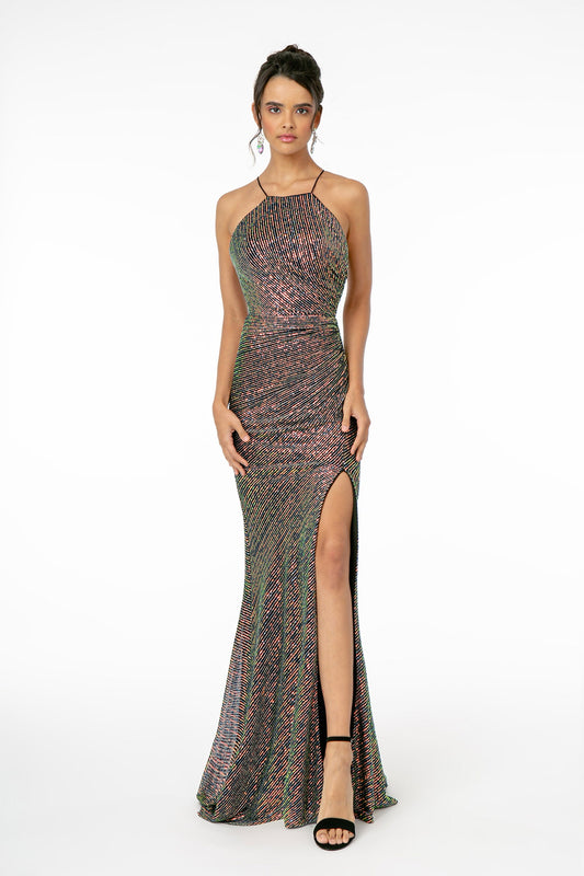 Navy Blue Green Sequin Fitted Dress With Lace Up Back And Leg Slit