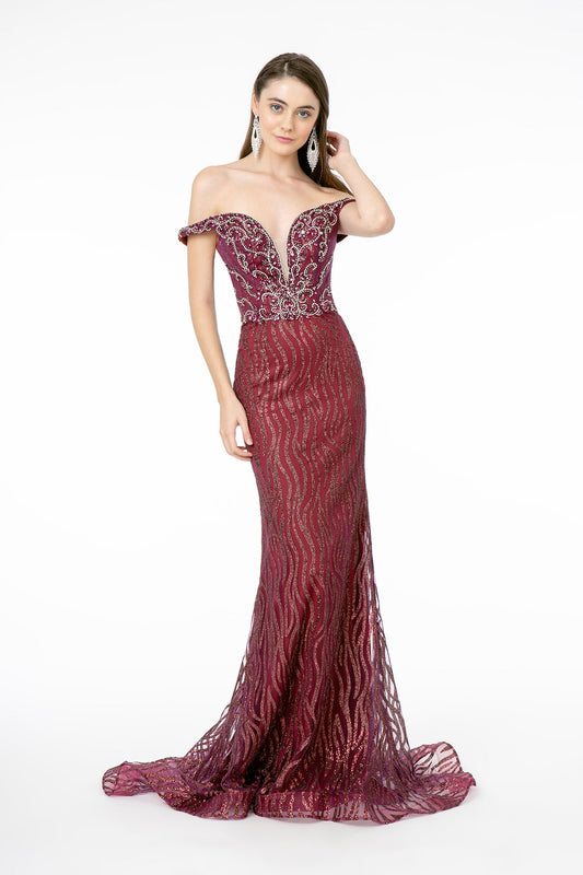 Wine Green Jewel Embellished Bodice Glitter Mesh Long Dress