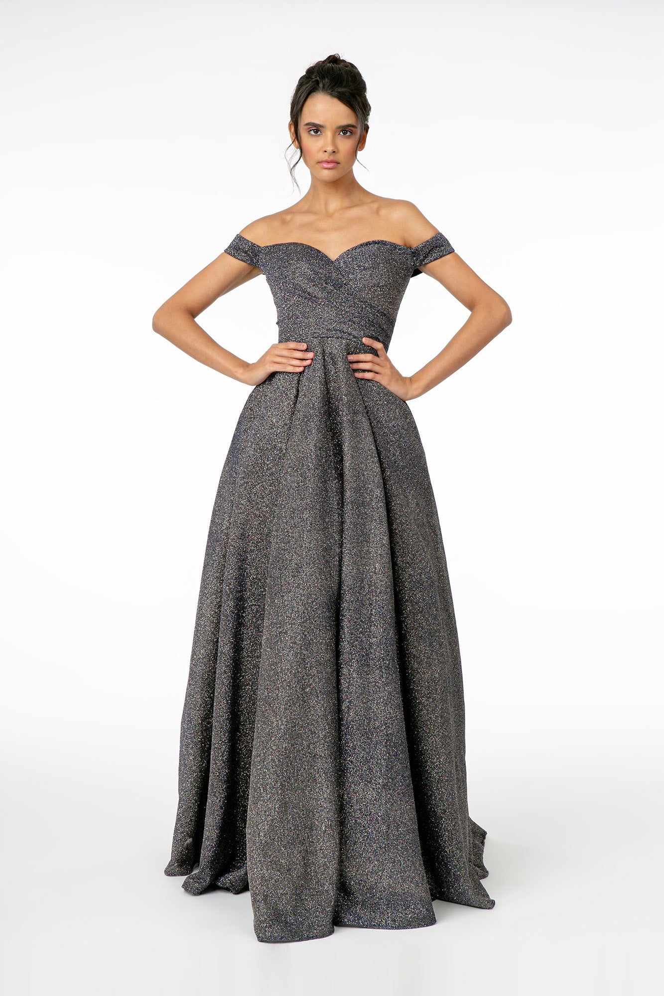 Navy Teal Sweetheart Cut Away Shoulder Glitter Lame Dress