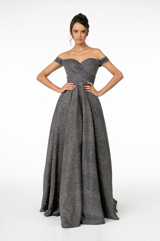 Navy Teal Sweetheart Cut Away Shoulder Glitter Lame Dress