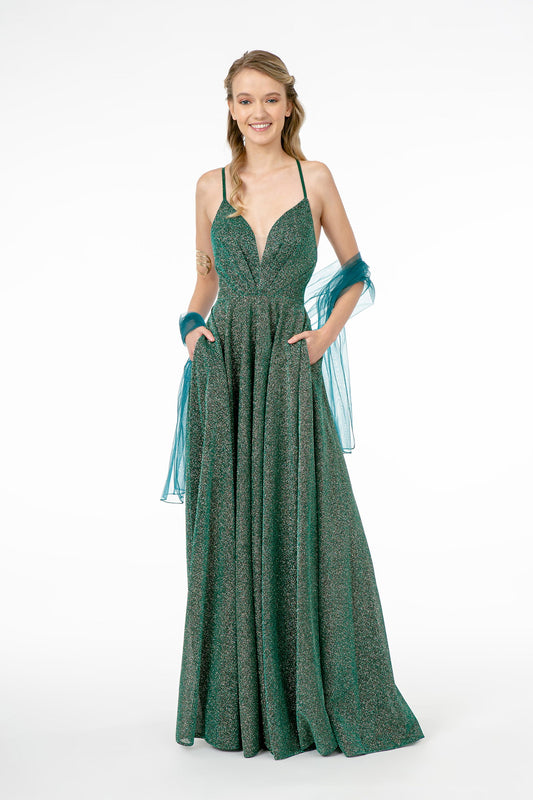 Green Royal Blue Illusion V Neck A Line Glitter Lame Long Dress