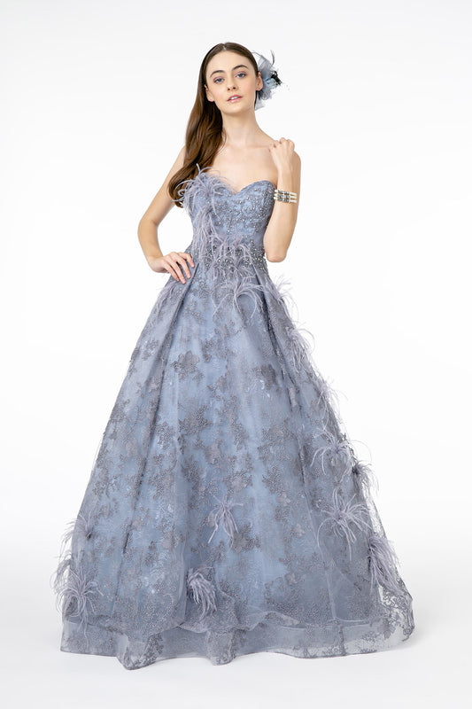 Lavender Feather Embellished Embroidered Sweetheart Mesh Lace Long Dress