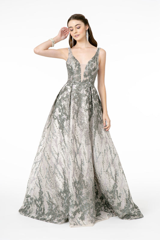 Dark Silver Jewel Embellished Lace Long Dress With V Back