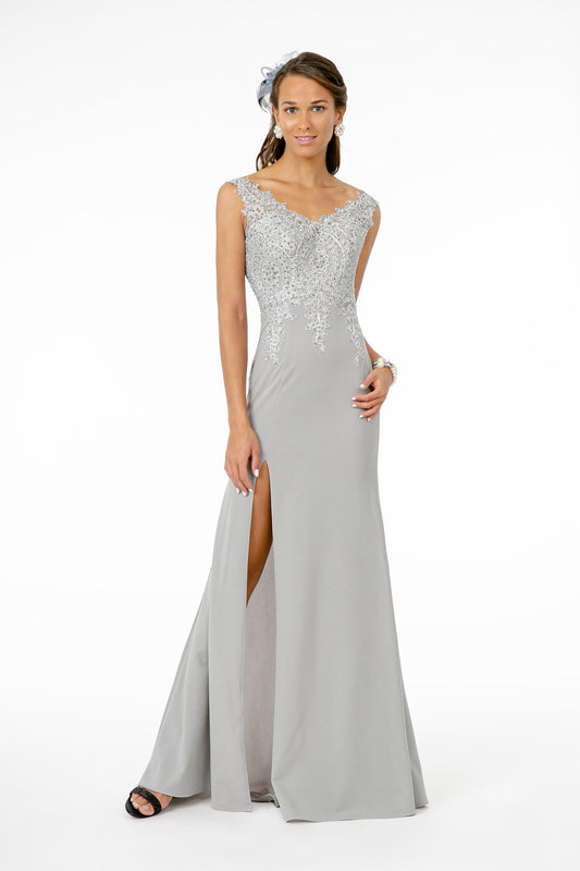 Navy Silver Silver Silver Embroidered Bodice V Neck Jersey Long Dress With Slit