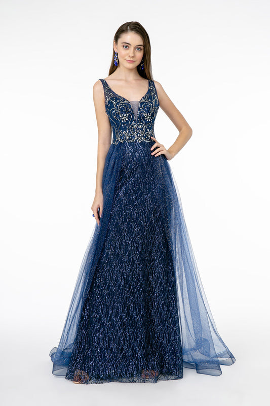 Rose Gold Navy Jeweled Bodice Glitter Mesh A Line Long Dress