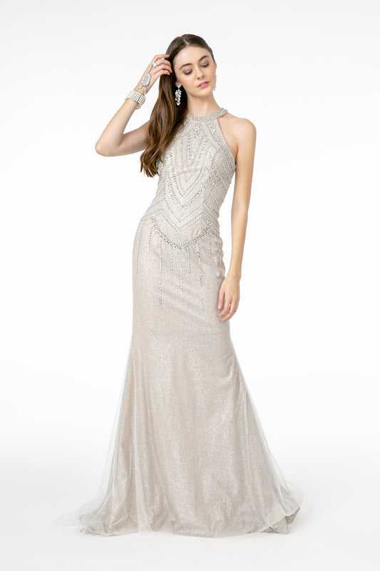 Light Silver Jewel Embellished Mermaid Mesh Long Dress