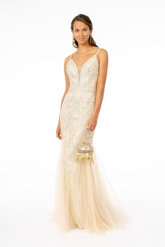 Light Silver Light Gold Jewel And Beads Embellished Mermaid Long Dress