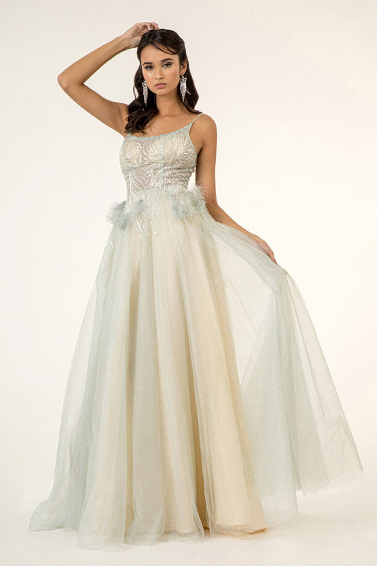 Sequin Embellished Glitter Mesh Dress W Feather Accented Waistlin