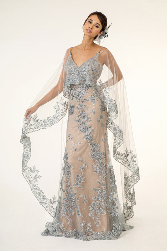 Glitter Embellished Mesh V Neck Long Dress W Detachable Cap