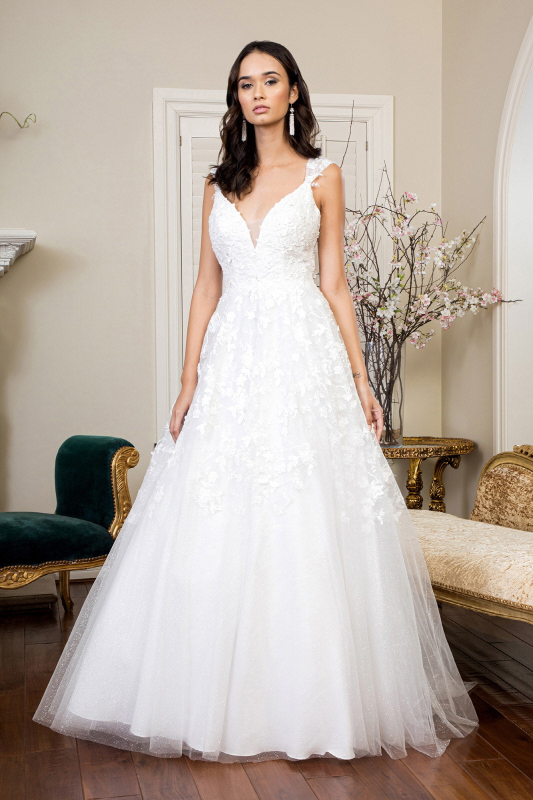 3D Floral Embroidery Cap Sleeve V Neck Glitter Mesh Wedding Gow