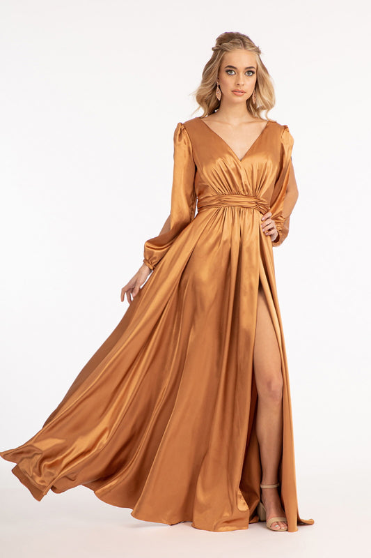 V Neck Satin Long Sleeve Long Dress W Waist Strap
