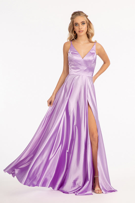V Neck Spaghetti Strap A Line Satin Long Dress