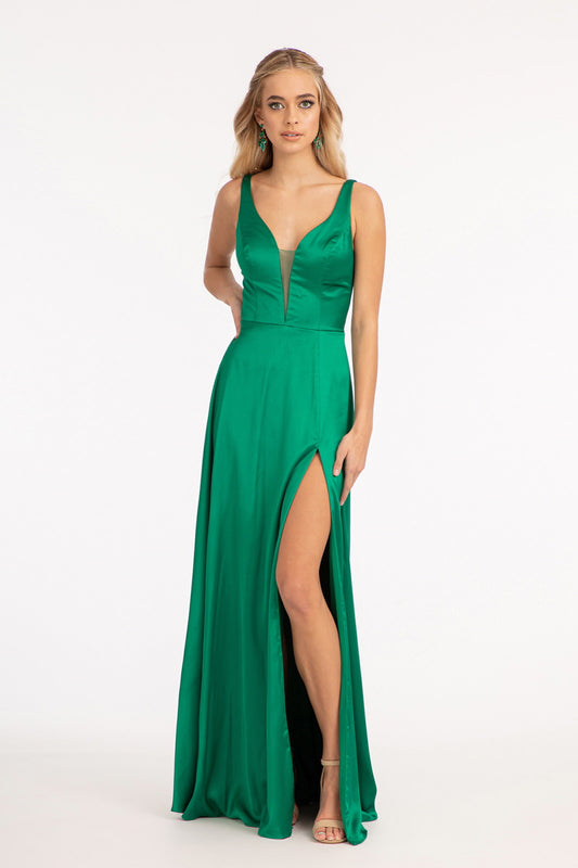 Stain V Neck Sheer Side A Line Long Dress