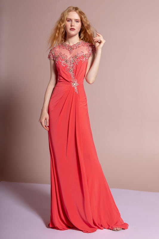 Dark Coral Tiffany Short Sleeve Illusion Neckline Jersey Long Dress Detailed With Lace