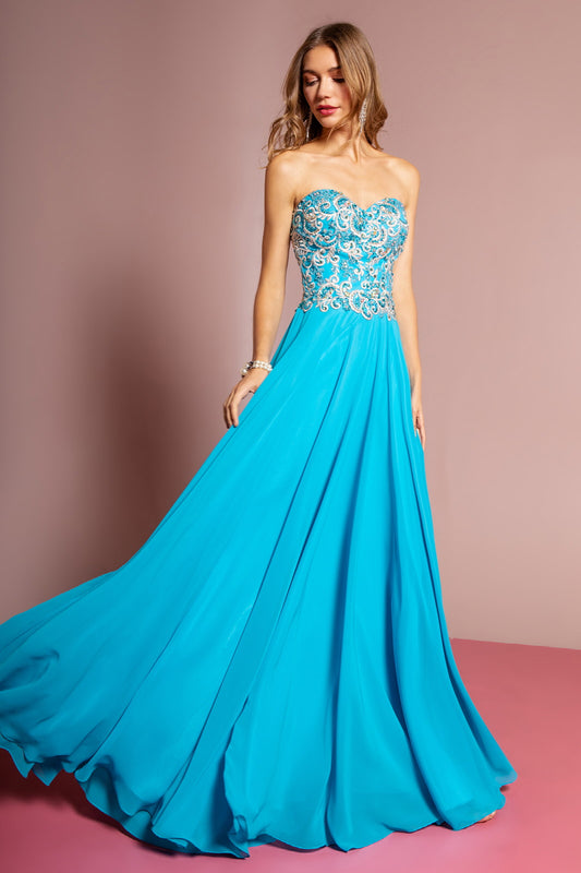 Aqua Peach Red Yellow Sleeveless Sweetheart Chiffon Long Dress With Embroidered Detailing