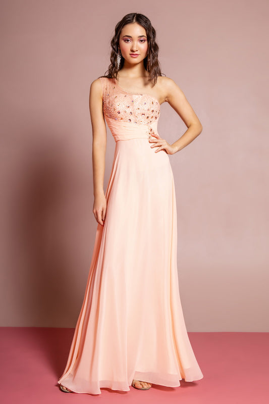 Fuchsia Peach Royal Blue One Shoulder Floor Length Dress With Jewel Embellished Bodice
