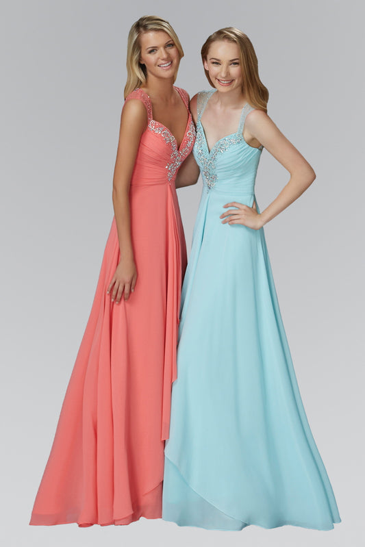 Blue Blush Coral Silver Sweetheart Long Chiffon Dress With Beaded Detailing
