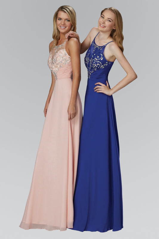 Blush Red Royal Blue Spaghetti Straps Long Chiffon Dress Accented With Bead And Jewel