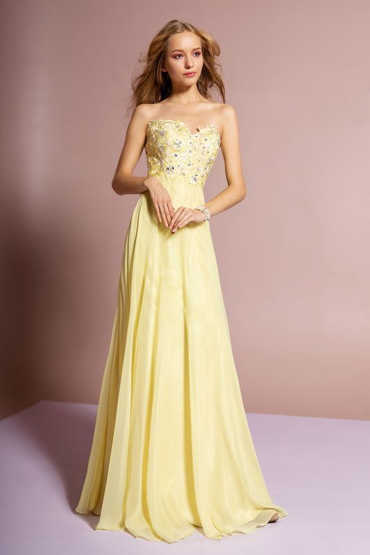 Coral Tiffany Yellow Strapless Chiffon Long Dress With Sweetheart Neckline